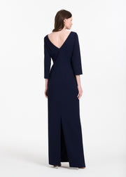 STRETCH CREPE 3/4 SLEEVE GOWN WITH ORGANZA  APPLIQUE NAVY
