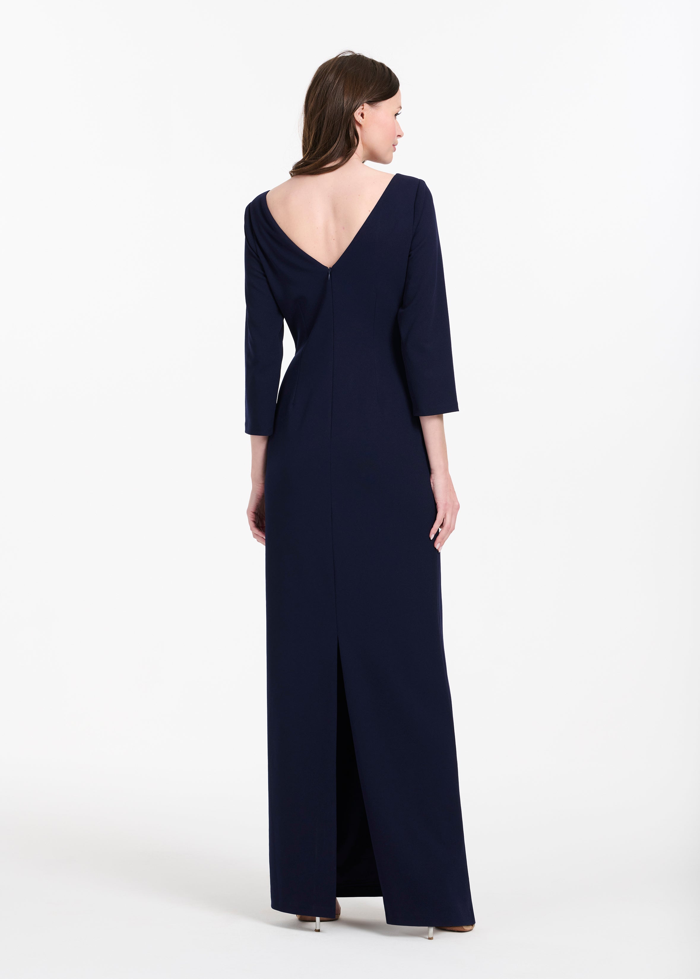 STRETCH CREPE 3/4 SLEEVE GOWN WITH ORGANZA  APPLIQUE NAVY