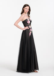 STRAPLESS TULLE GOWN WITH PAILETTE FLOWERS BLACK/BLUSH