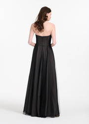 STRAPLESS TULLE GOWN WITH PAILETTE FLOWERS BLACK/BLUSH