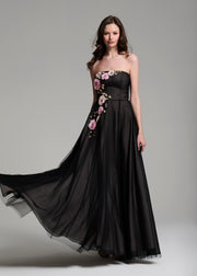 STRAPLESS TULLE GOWN WITH PAILETTE FLOWERS BLACK/BLUSH