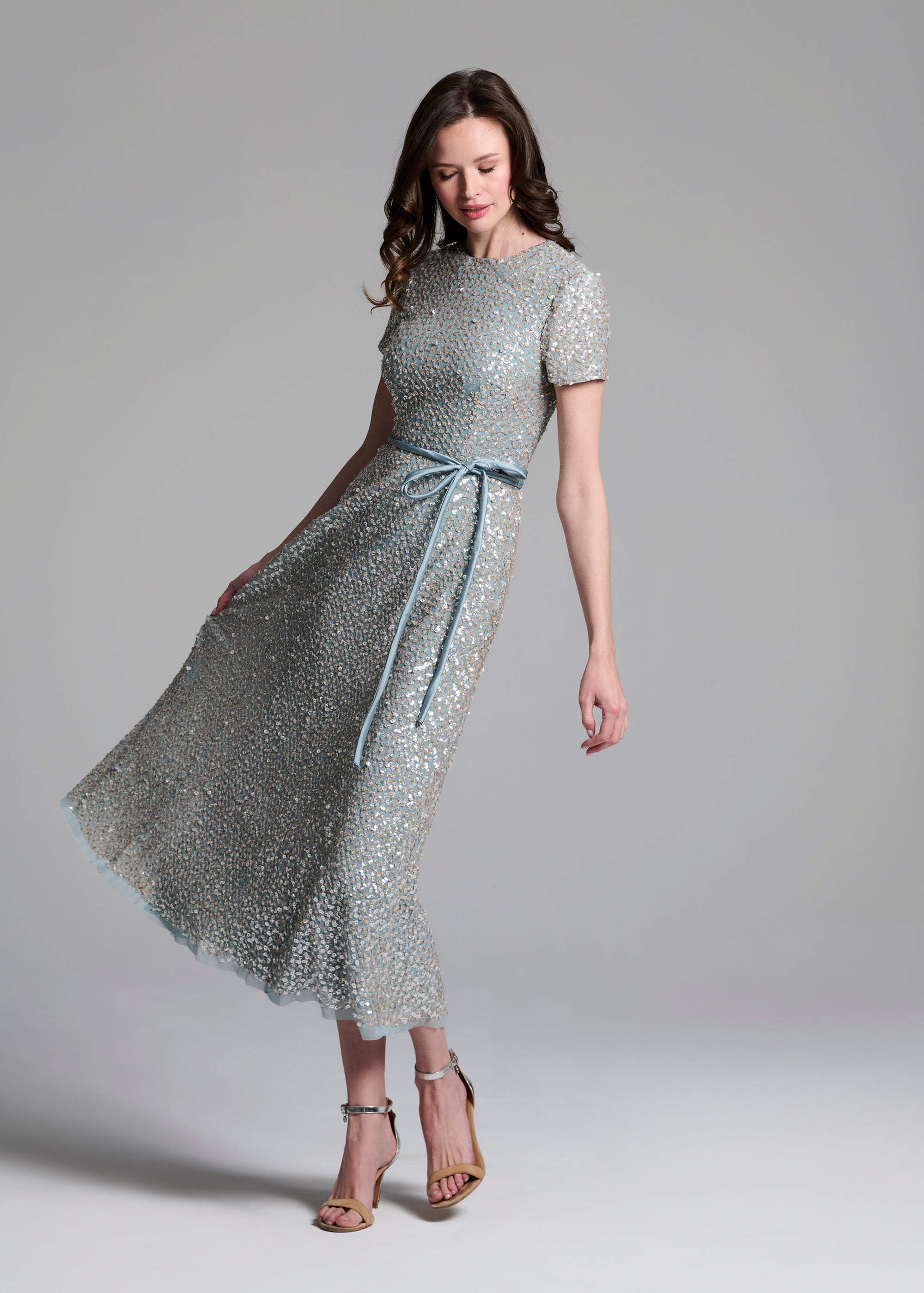 TRANSLUCENT ENCRUSTED SEQUIN DRESS LIGHT BLUE