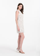 LACE APPLIQUE SHIFT DRESS WITH CHIFFON SOUTACHE AND CRYSTALS IVORY