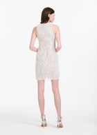 LACE APPLIQUE SHIFT DRESS WITH CHIFFON SOUTACHE AND CRYSTALS IVORY