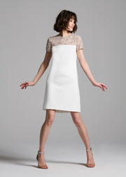 CRYSTAL ILLUSION STRETCH CREPE MINI DRESS IVORY
