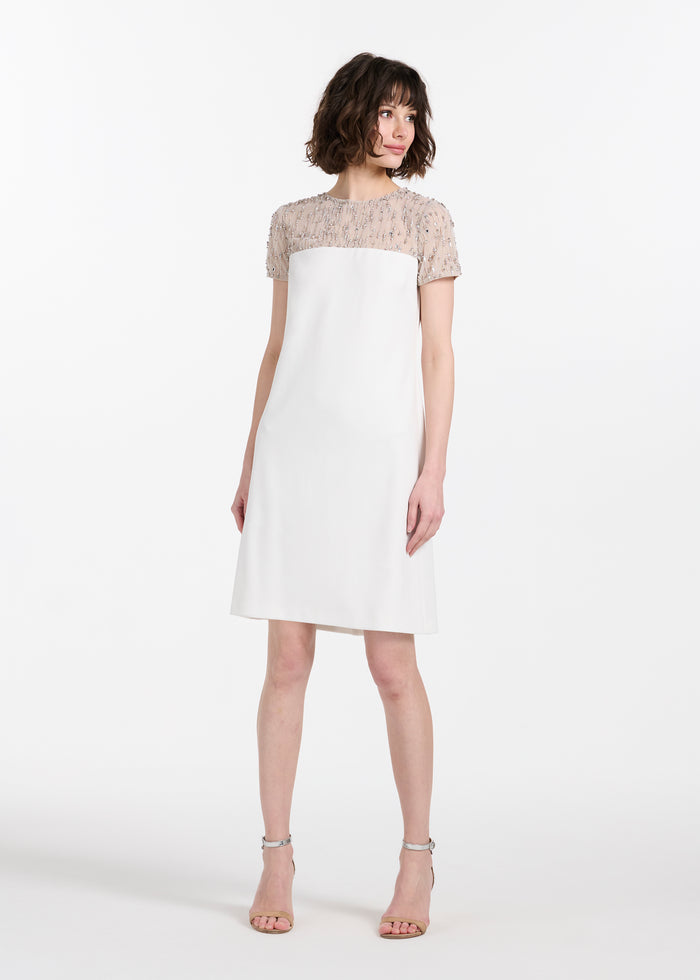 Crystal Illusion Stretch Crepe Mini Dress Ivory