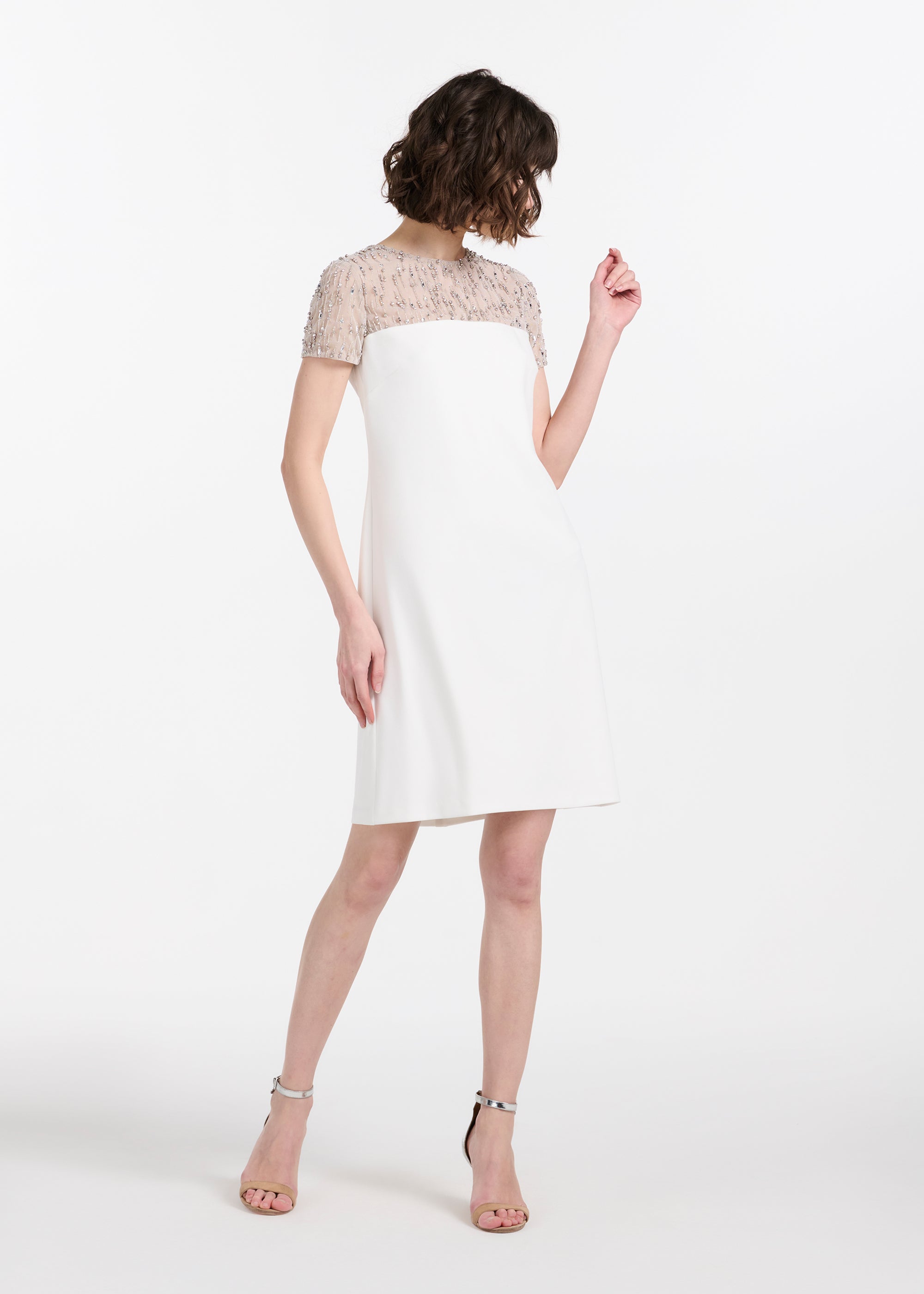 CRYSTAL ILLUSION STRETCH CREPE MINI DRESS IVORY