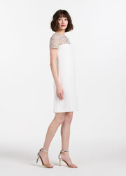CRYSTAL ILLUSION STRETCH CREPE MINI DRESS IVORY