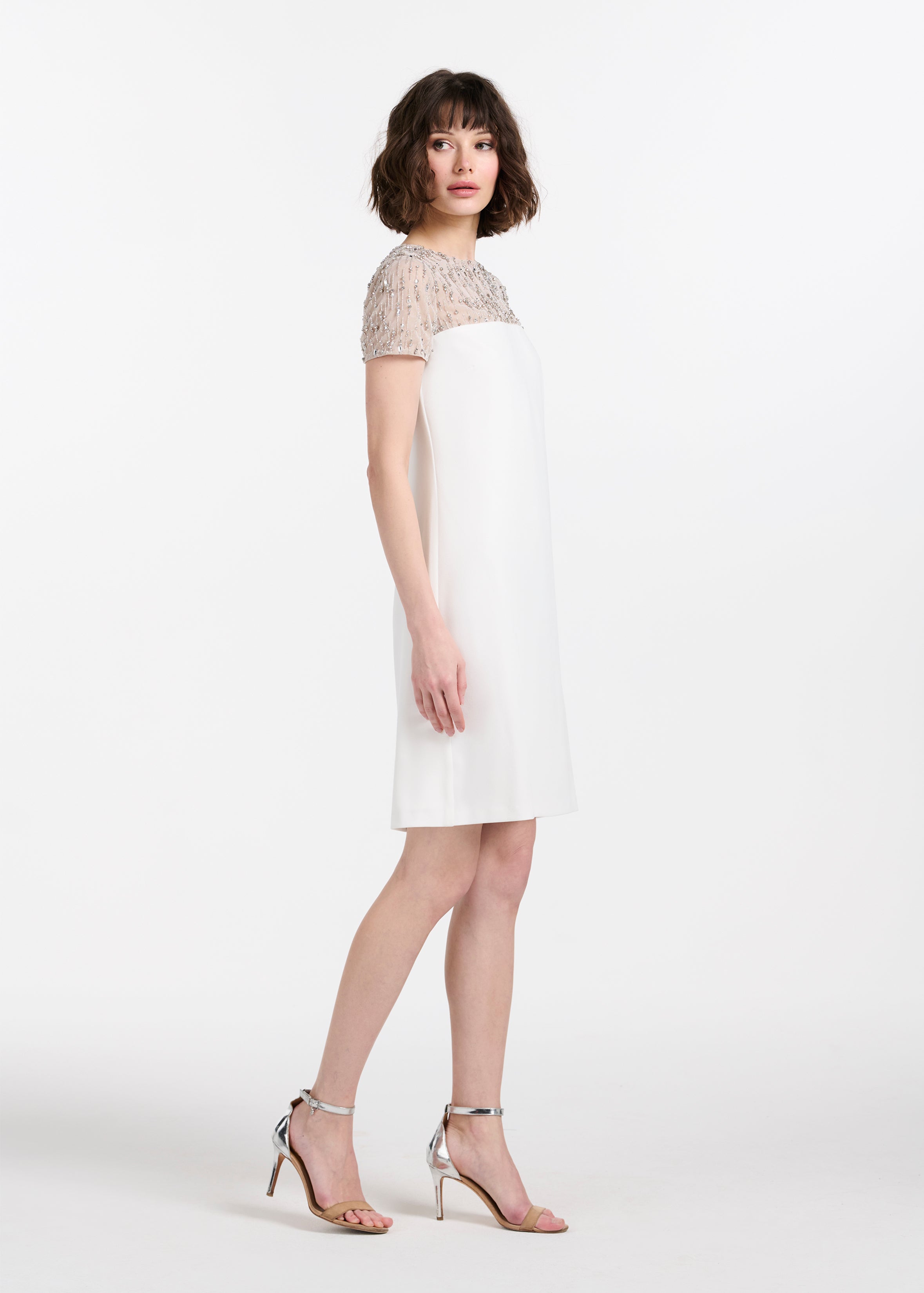 CRYSTAL ILLUSION STRETCH CREPE MINI DRESS IVORY