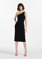 STRETCH CREPE CRYSTAL ONE SHOULDER MIDI DRESS