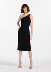 STRETCH CREPE CRYSTAL ONE SHOULDER MIDI DRESS