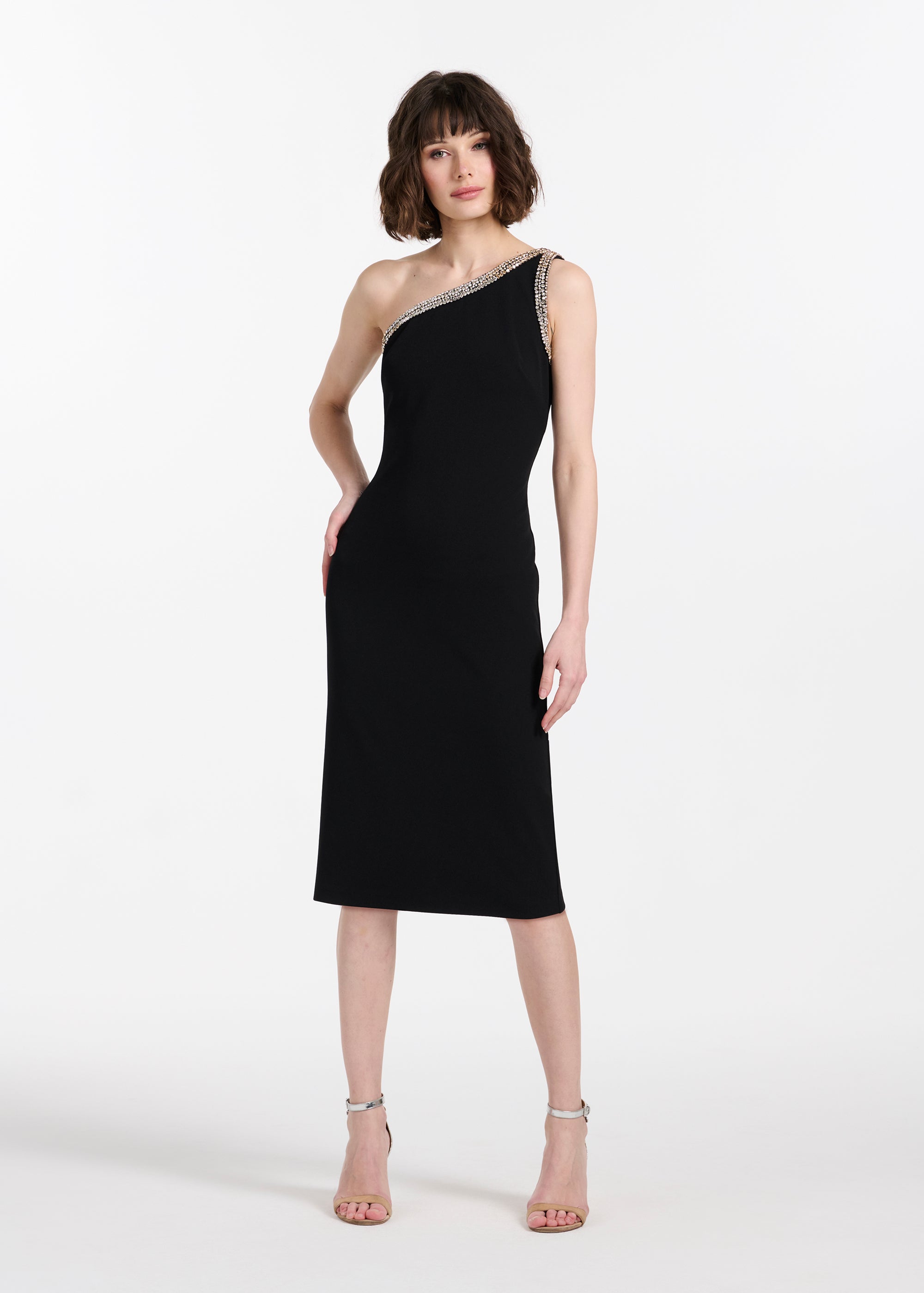 STRETCH CREPE CRYSTAL ONE SHOULDER MIDI DRESS