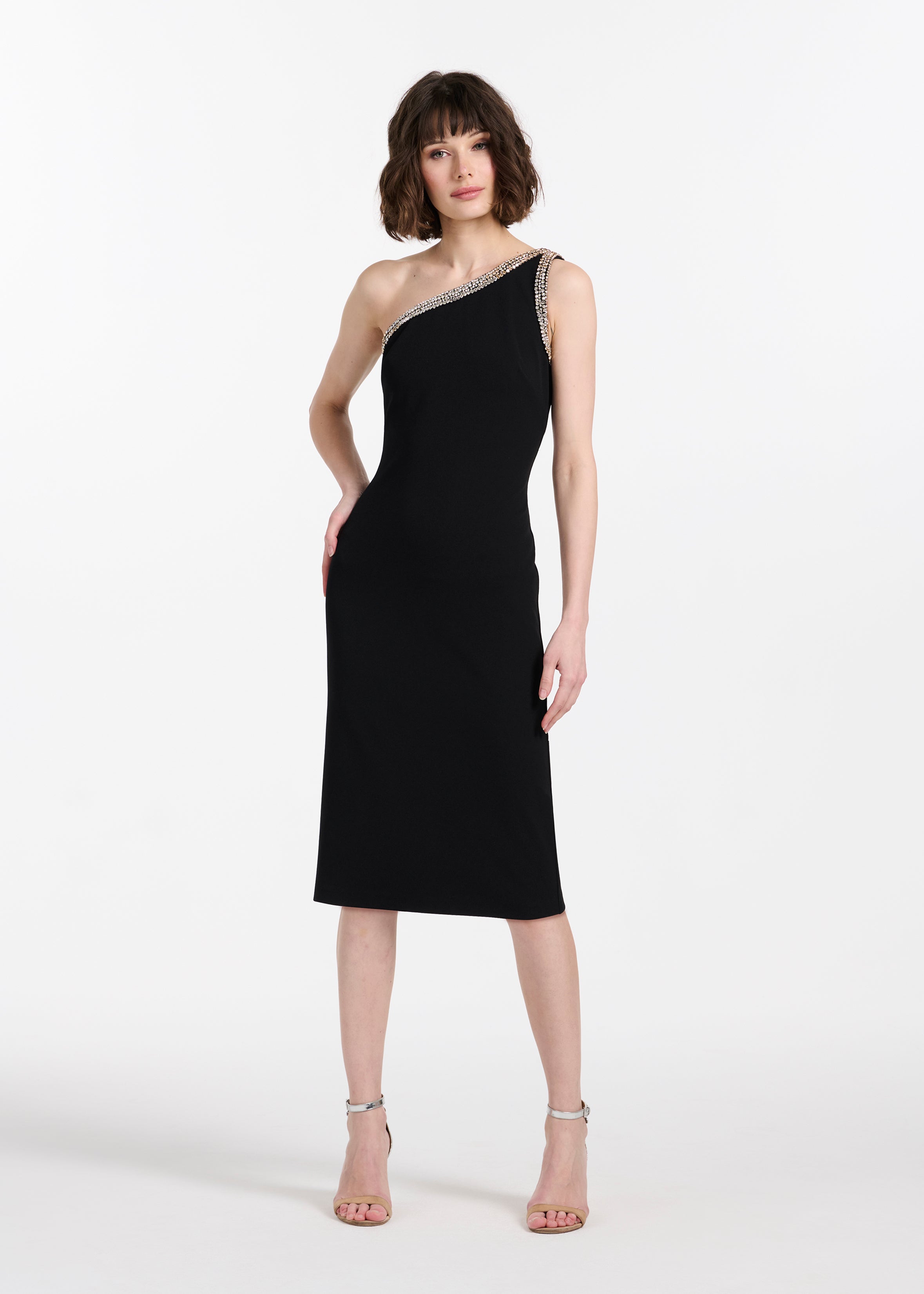STRETCH CREPE CRYSTAL ONE SHOULDER MIDI DRESS
