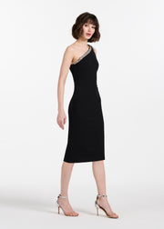 STRETCH CREPE CRYSTAL ONE SHOULDER MIDI DRESS