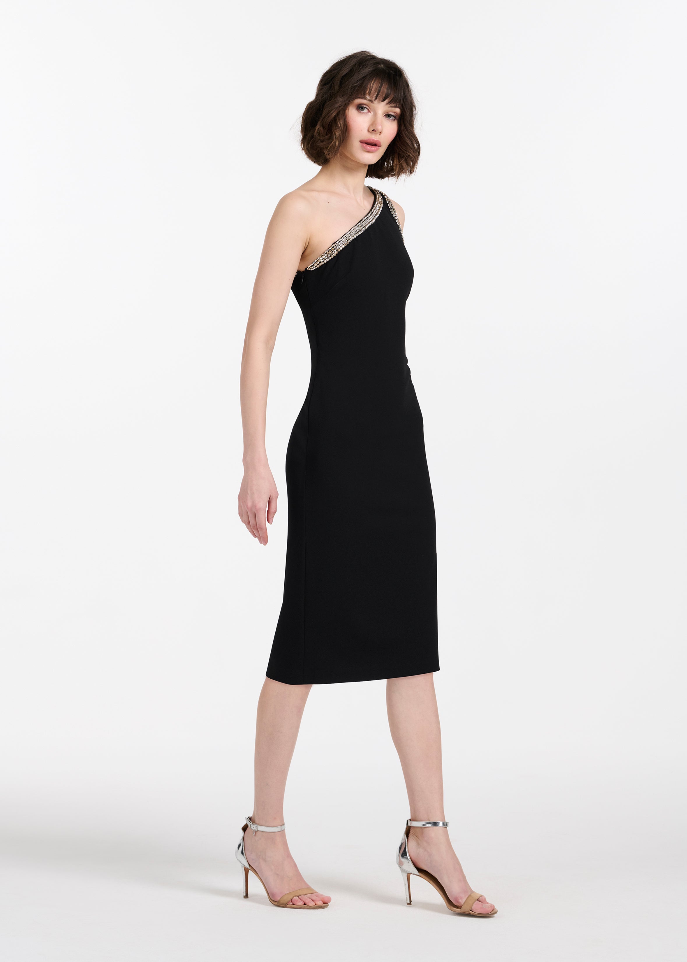 STRETCH CREPE CRYSTAL ONE SHOULDER MIDI DRESS