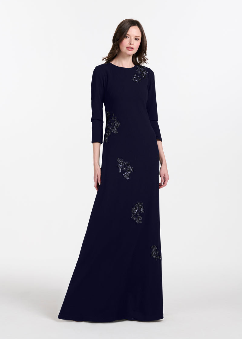 Stretch Crepe Gown With Lace Flower Applique Navy
