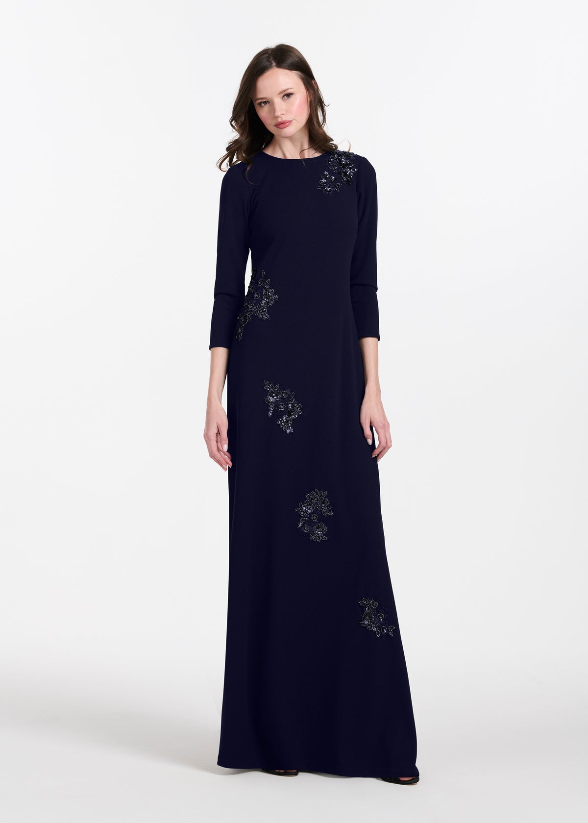 Stretch Crepe Gown With Lace Flower Applique Navy