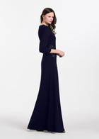 Stretch Crepe Gown With Lace Flower Applique Navy