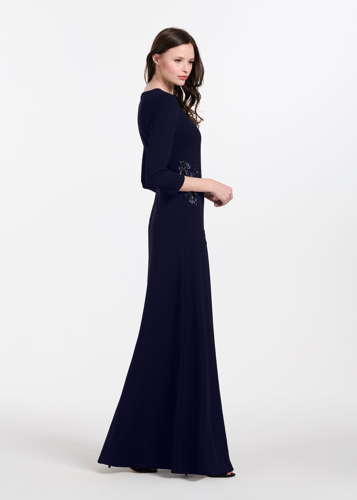 Stretch Crepe Gown With Lace Flower Applique Navy