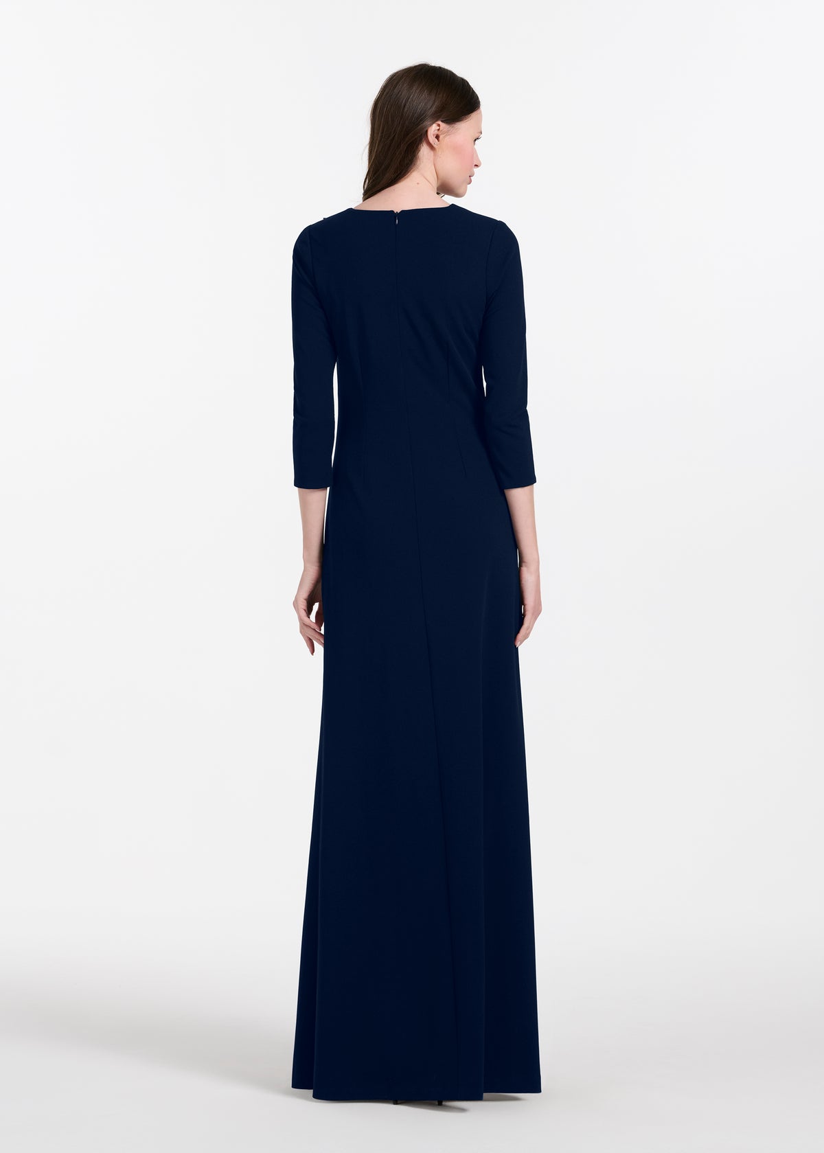 Stretch Crepe Gown With Lace Flower Applique Navy