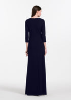 Stretch Crepe Gown With Lace Flower Applique Navy
