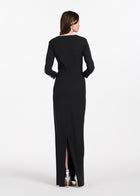 STRETCH CREPE VNECK WAIST APPLIQUE GOWN BLACK/SILVER