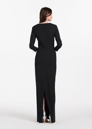 STRETCH CREPE VNECK WAIST APPLIQUE GOWN BLACK/SILVER