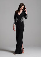 STRETCH CREPE VNECK WAIST APPLIQUE GOWN BLACK/SILVER