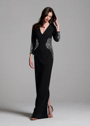STRETCH CREPE VNECK WAIST APPLIQUE GOWN BLACK/SILVER