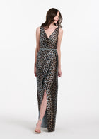 TAFFETA ANIMAL SURPLICE GOWN WITH CRYSTAL TRIM