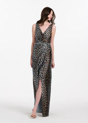TAFFETA ANIMAL SURPLICE GOWN WITH CRYSTAL TRIM