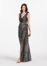 TAFFETA ANIMAL SURPLICE GOWN WITH CRYSTAL TRIM