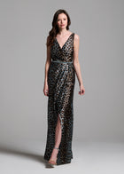 TAFFETA ANIMAL SURPLICE GOWN WITH CRYSTAL TRIM