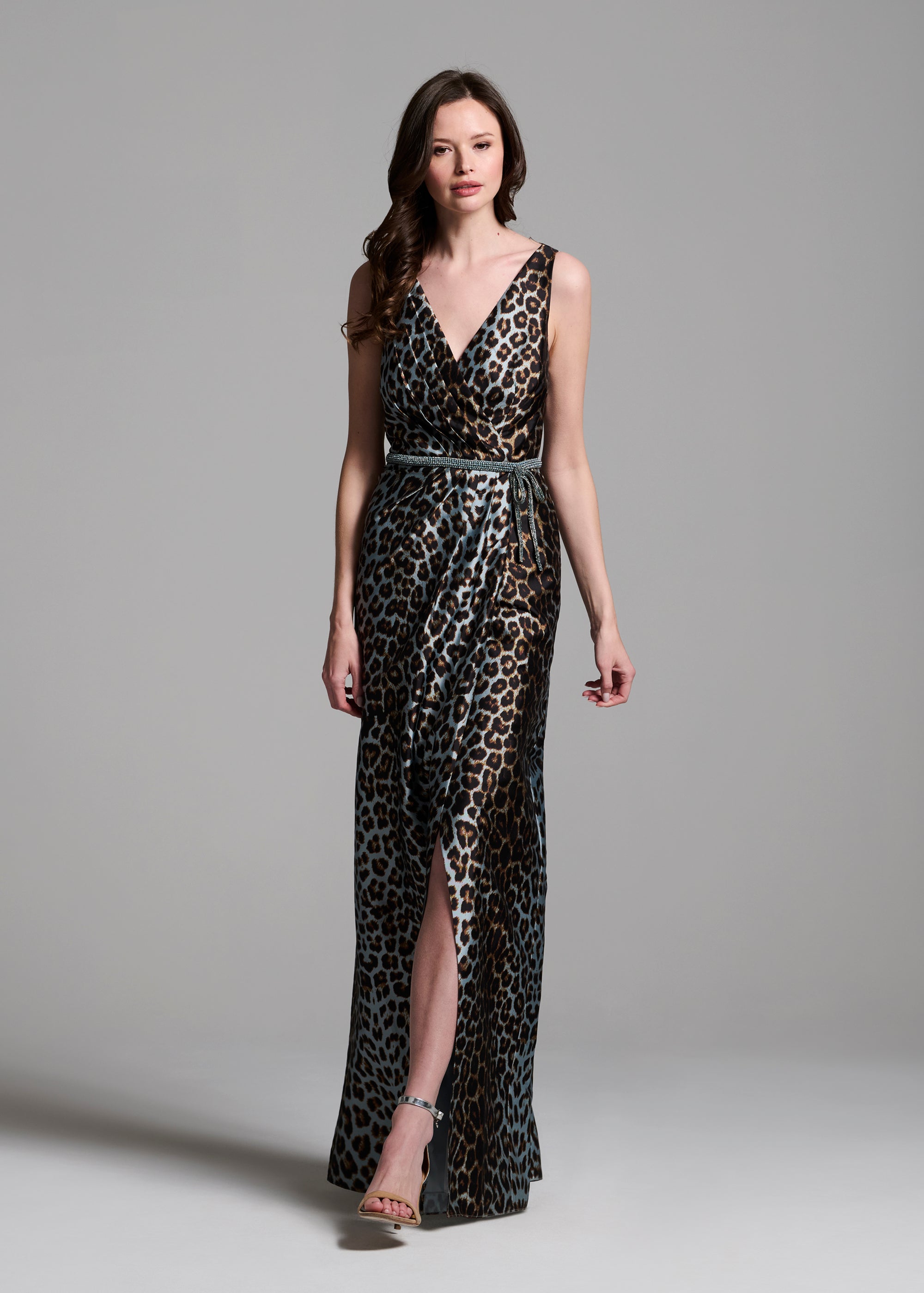 TAFFETA ANIMAL SURPLICE GOWN WITH CRYSTAL TRIM