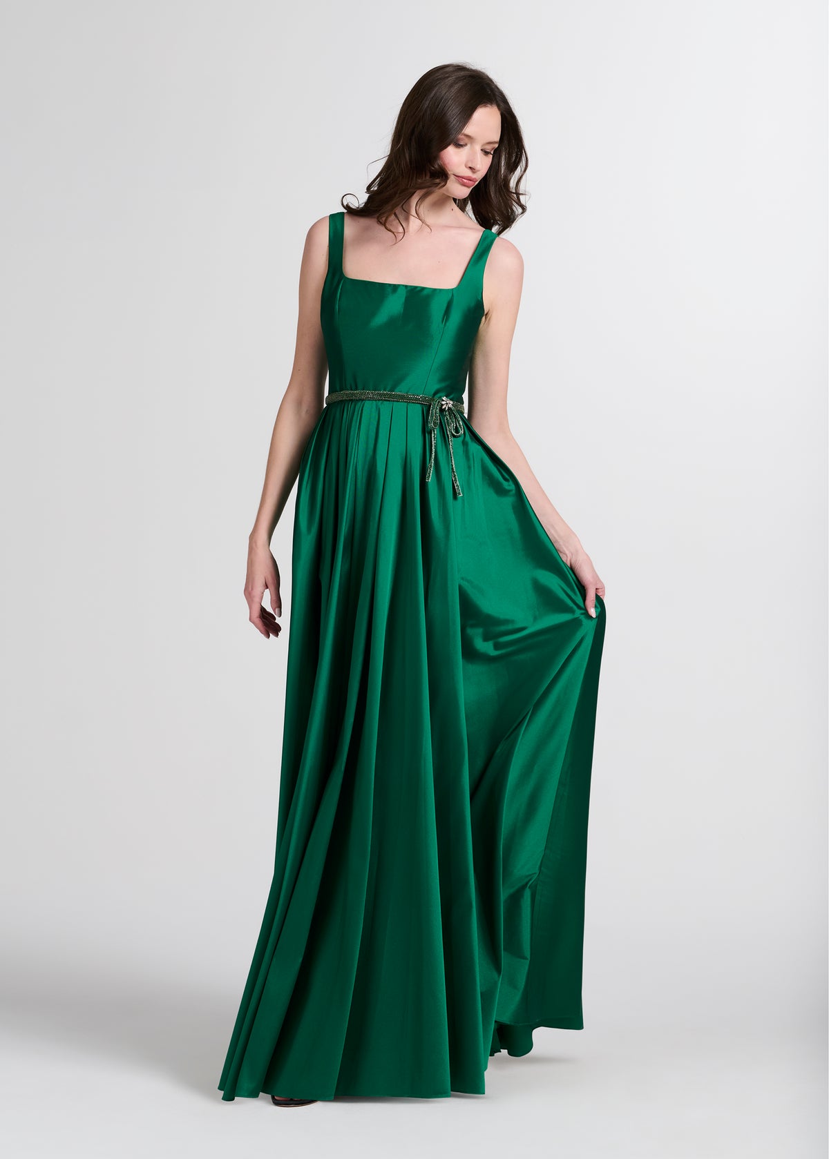 Taffeta Square Neck Gown With Crystal Trim And Corset - Emerald