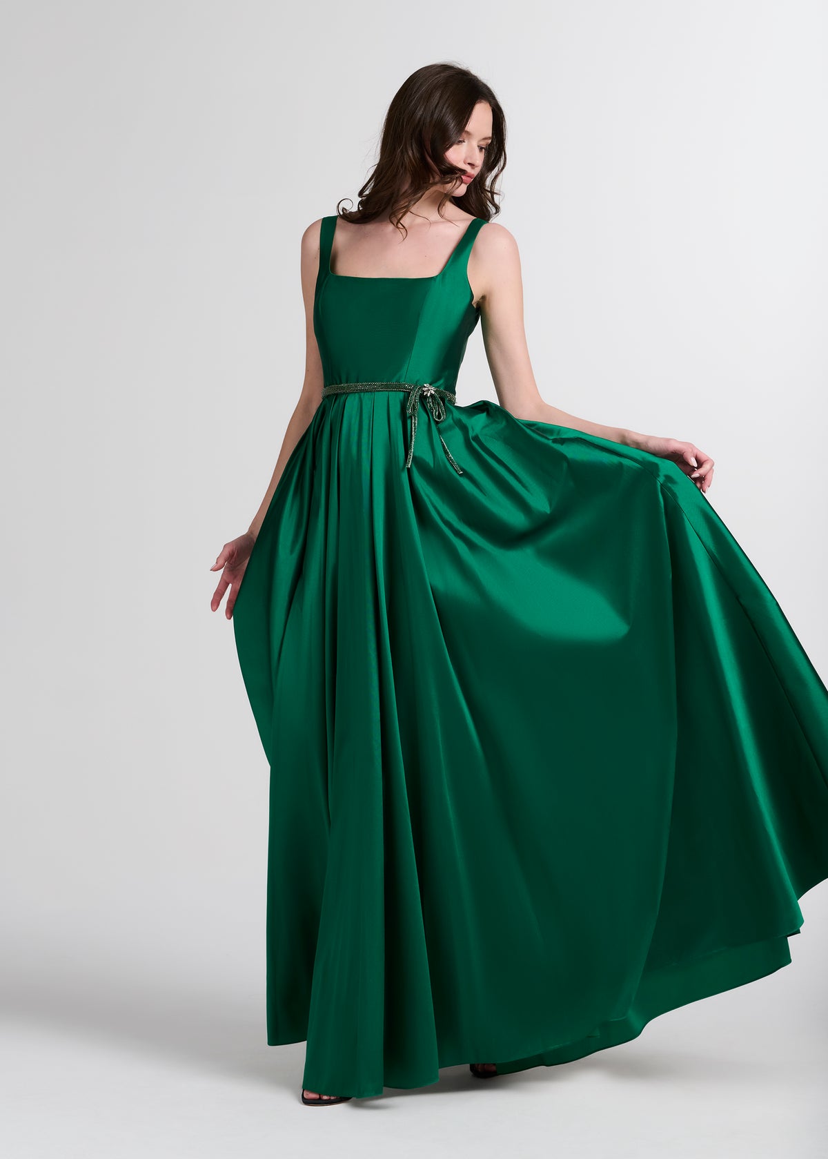 Taffeta Square Neck Gown With Crystal Trim And Corset - Emerald