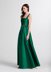 Taffeta Square Neck Gown With Crystal Trim And Corset - Emerald