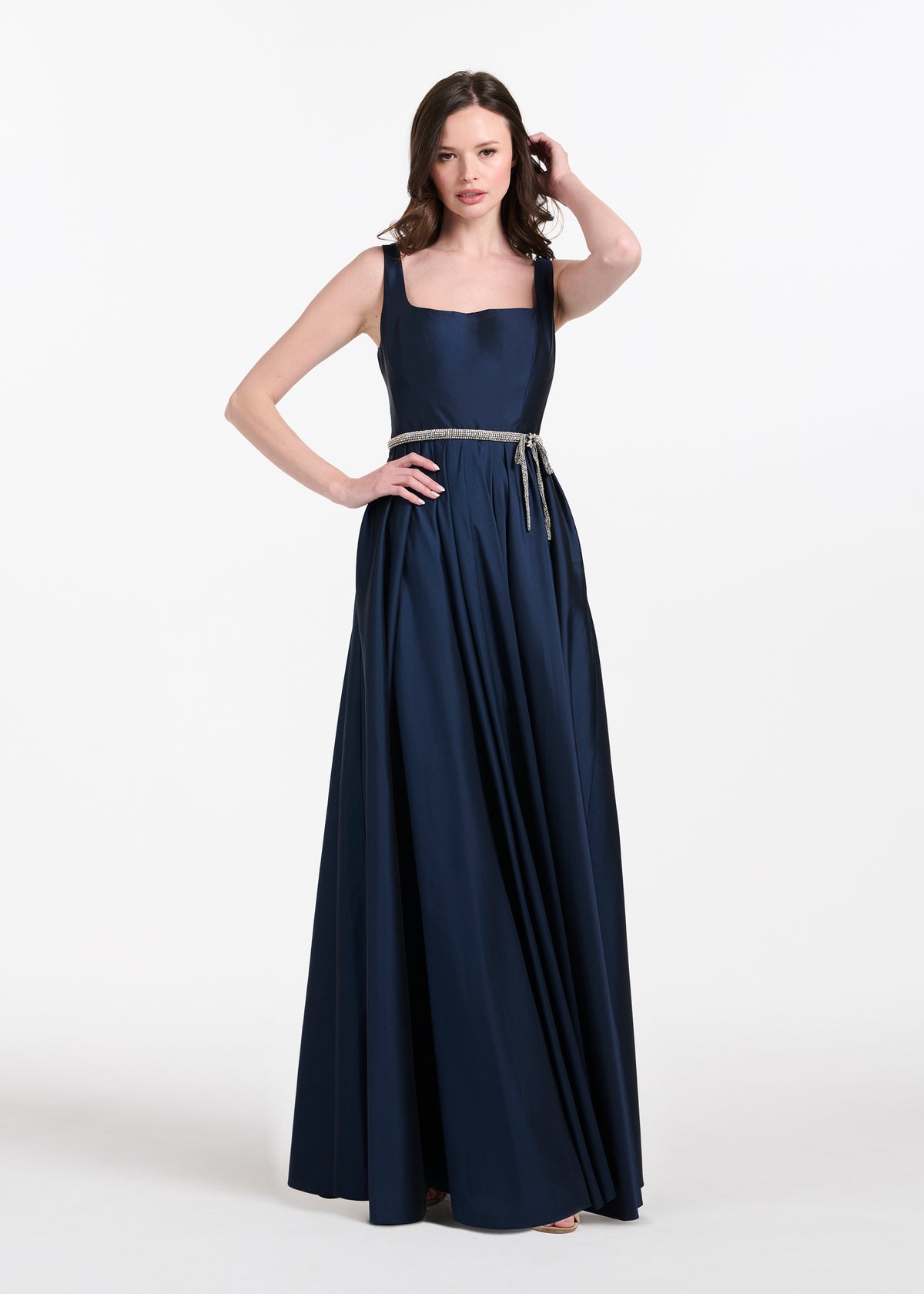 Taffeta Square Neck Gown With Crystal Trim And Corset - Emerald