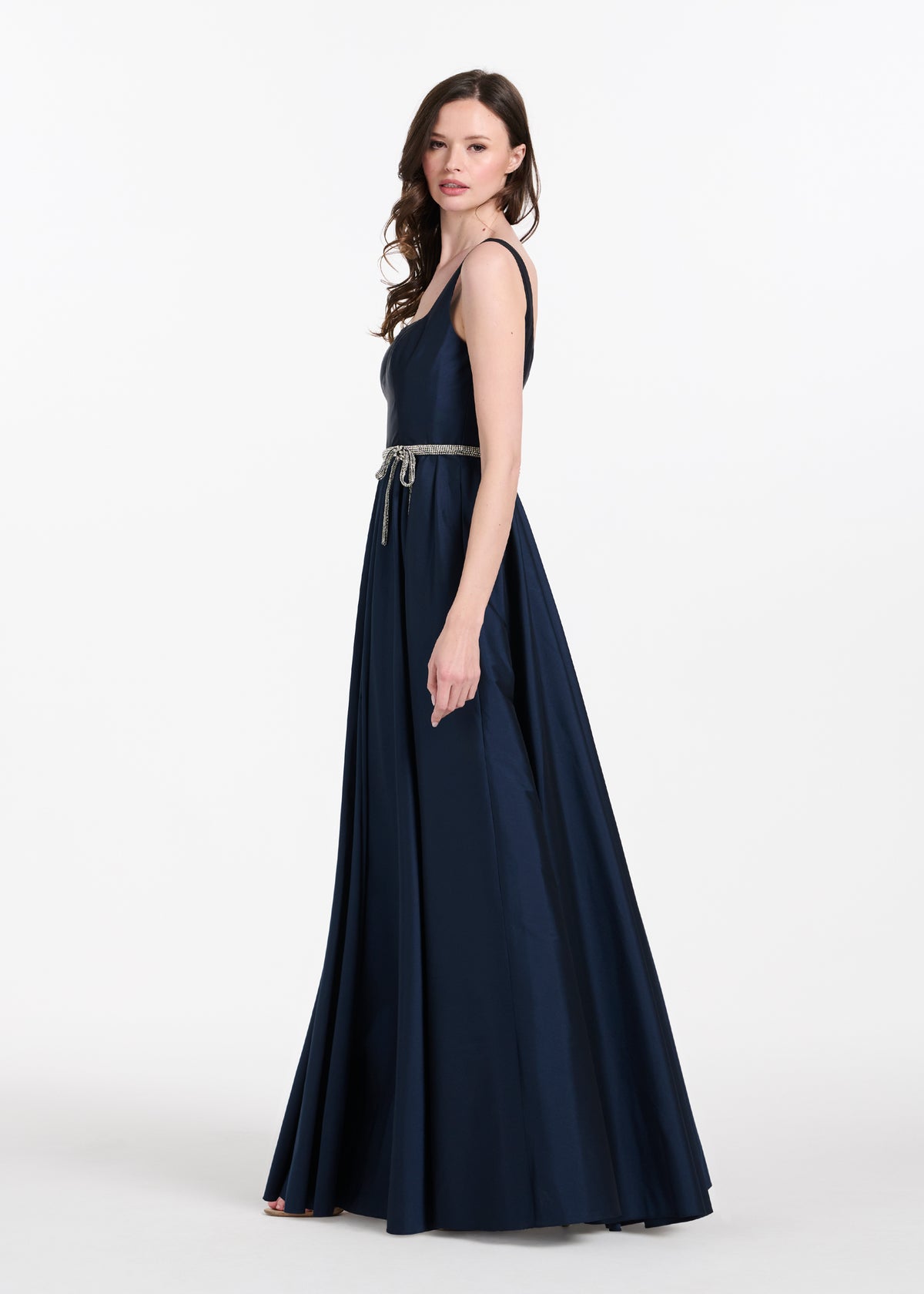 Taffeta Square Neck Gown With Crystal Trim And Corset - Emerald