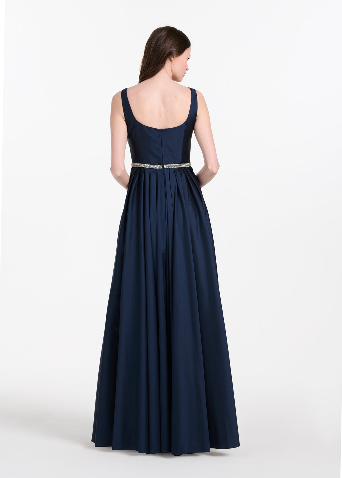 Taffeta Square Neck Gown With Crystal Trim And Corset - Emerald