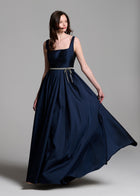 Taffeta Square Neck Gown With Crystal Trim And Corset - Emerald