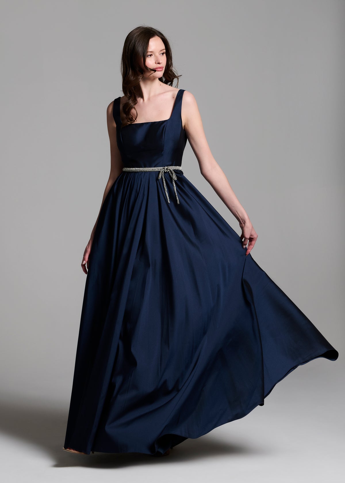 Taffeta Square Neck Gown With Crystal Trim And Corset - Emerald