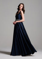 Taffeta Square Neck Gown With Crystal Trim And Corset - Emerald