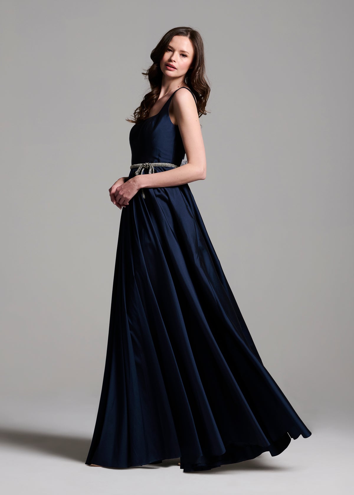 Taffeta Square Neck Gown With Crystal Trim And Corset - Emerald