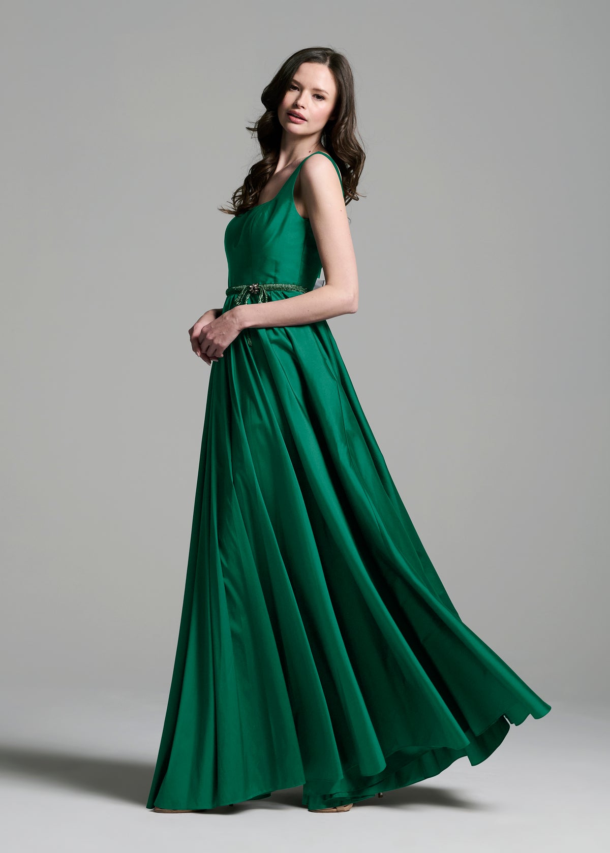 Taffeta Square Neck Gown With Crystal Trim And Corset - Emerald