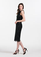 Encrusted Glass Jet And Emerald Beaded Racerback Midi Dress