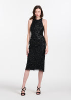 Encrusted Glass Jet And Emerald Beaded Racerback Midi Dress