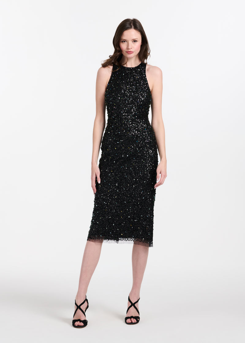 Encrusted Glass Jet And Emerald Beaded Racerback Midi Dress