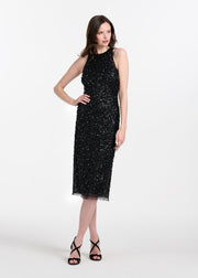 Encrusted Glass Jet And Emerald Beaded Racerback Midi Dress