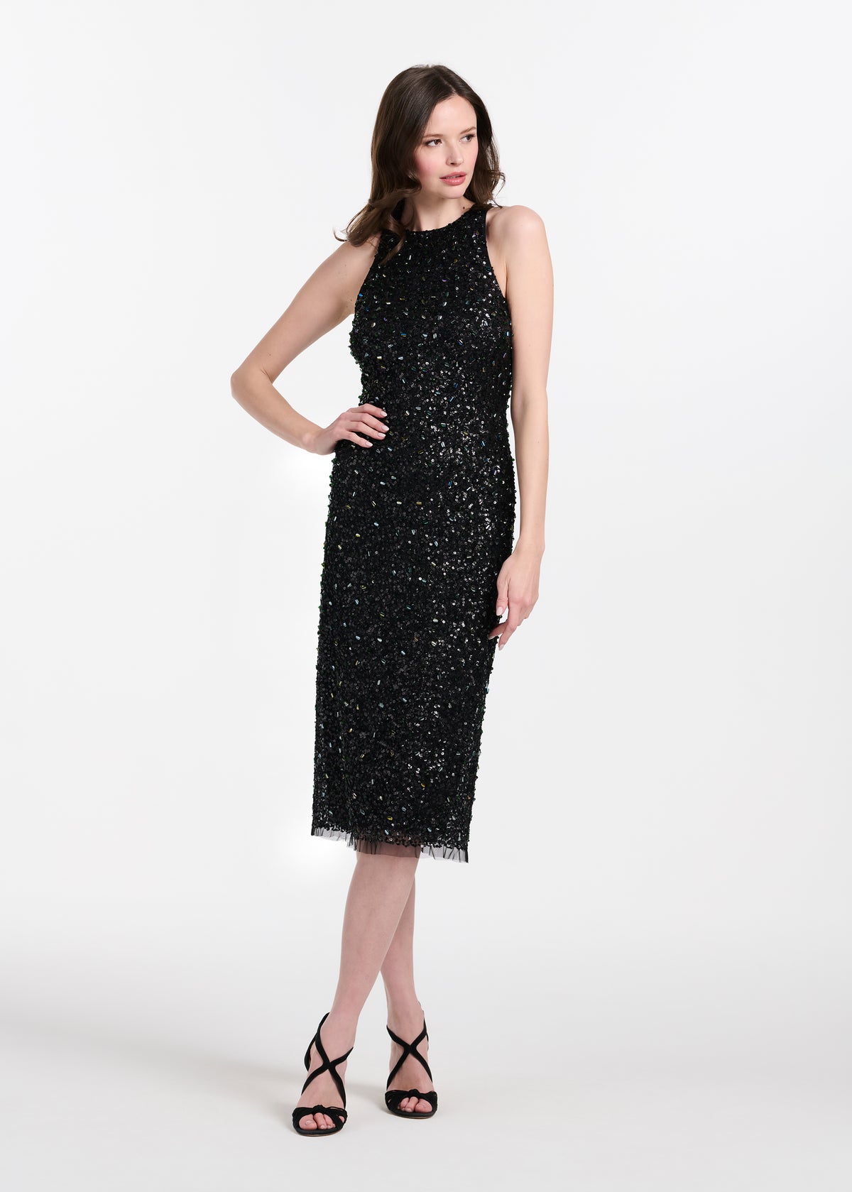 Encrusted Glass Jet And Emerald Beaded Racerback Midi Dress